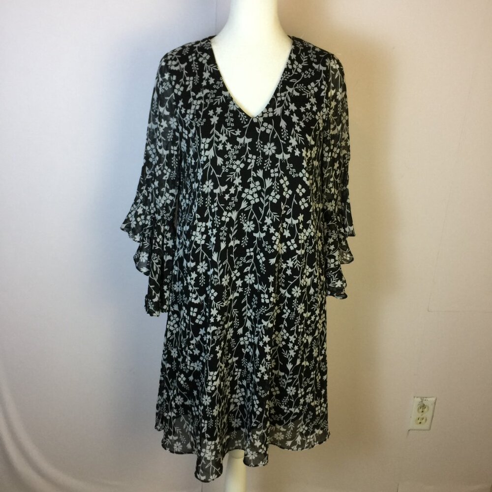 Calvin Klein Shift Dres Size 2 Woman Black White Floral V-neck Bell Sleeve Lined